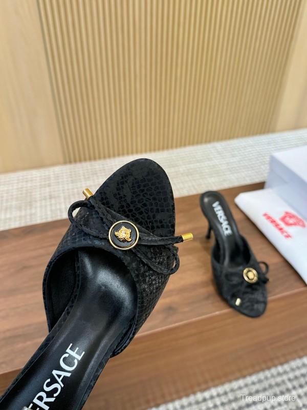 2025 Women VERSACE Black Leather Mule Heels LY00250