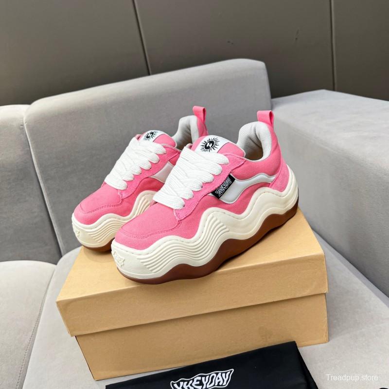 2025 Women HEYDAY Pink White Canvas Leather Wave Bread Sneakers KFY00260(F)