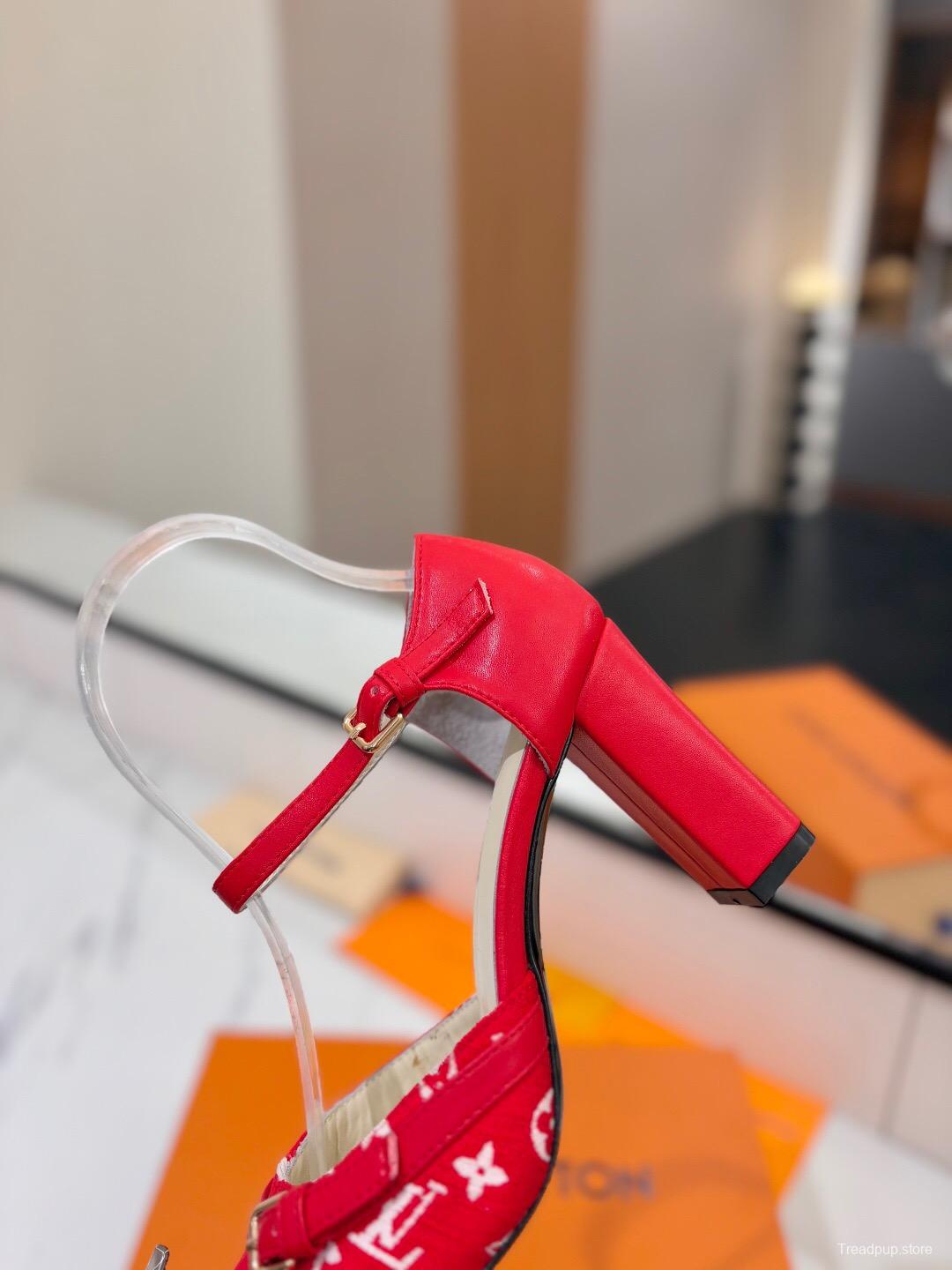 2025 Women Louis Vuitton Red Canvas Leather Heels KFY00310