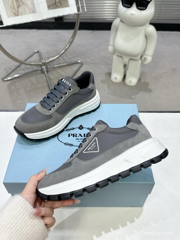 2025 Unisex Prada Grey Suede Leather Sneakers KFY00310
