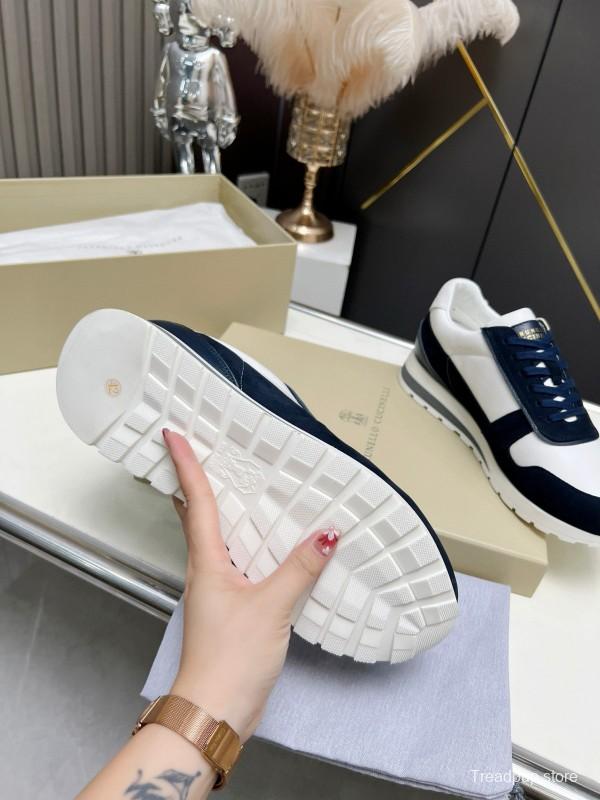 2024 Unisex Brunello Cucinelli White Navy Suede Leather Sneakers