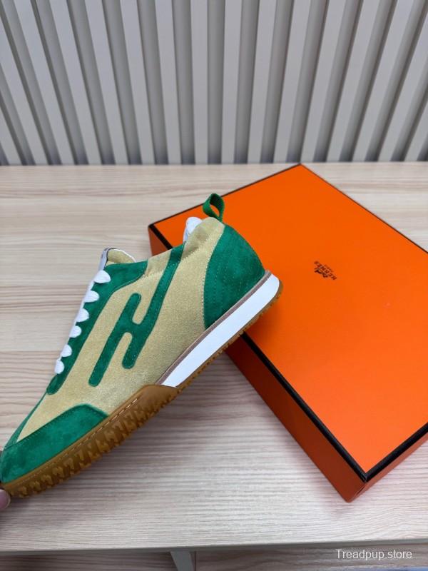 2025 Unisex Hermès Green Beige Suede Down Fabric Sneakers Top Version KFY00300