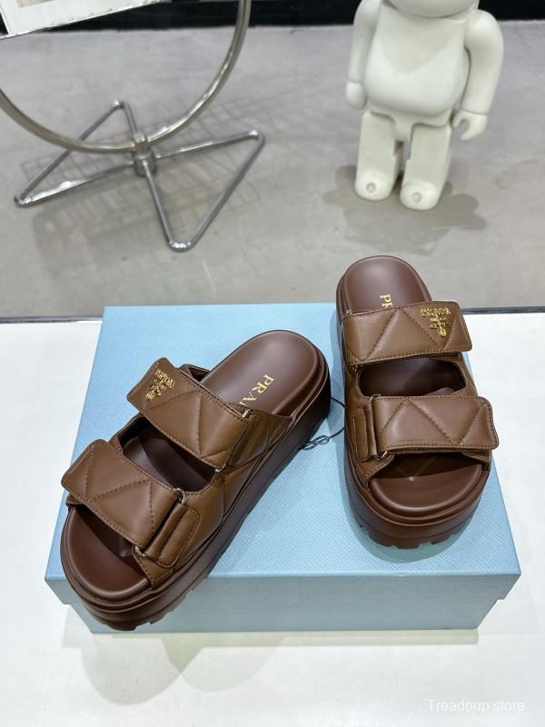 2025 Women Prada Brown Leather Sandals