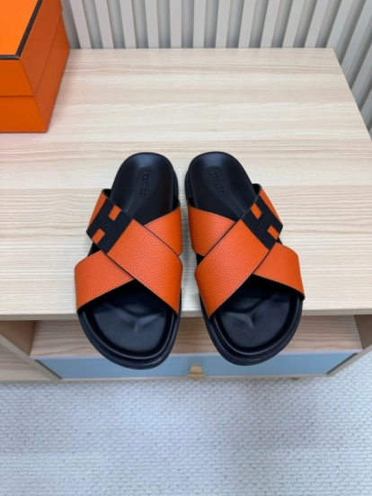 2025 Slippers Hermès Orange Black Leather Slippers