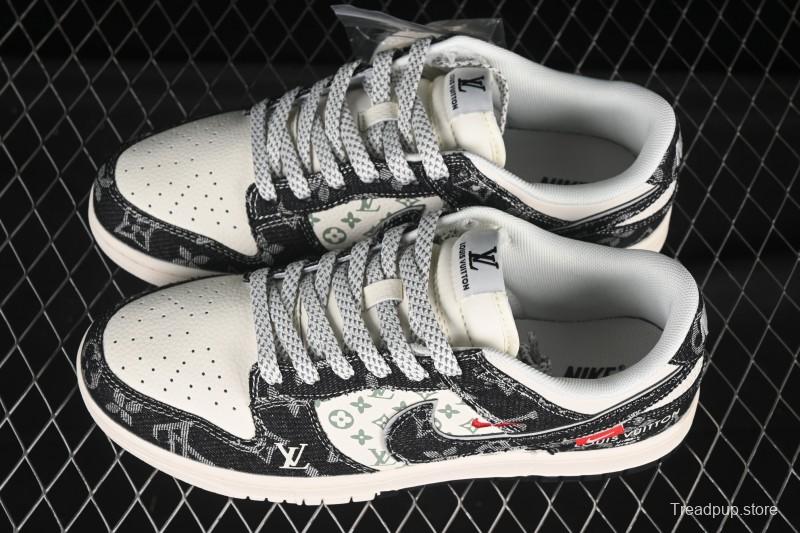 Nike SB Dunk Low LV Collaboration Black Denim Black Swoosh Anniversary High-End Custom Low-Top Casual Skate Shoes - YX5066-351
