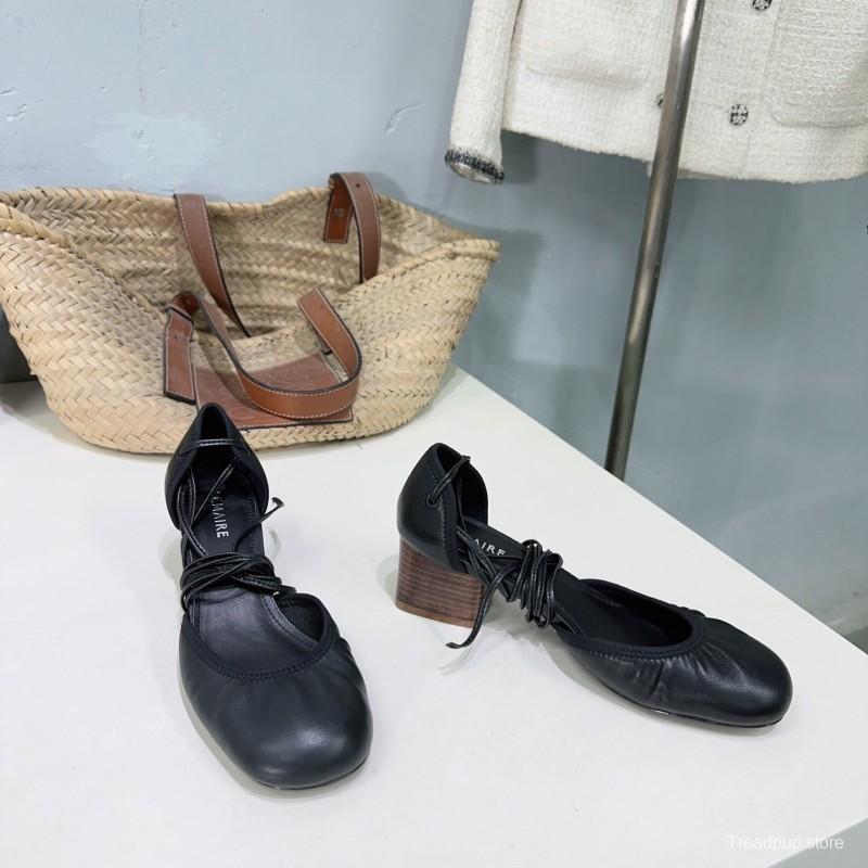 2025 Women LEMAIRE Black Leather Mary Jane Lace-up Shoes