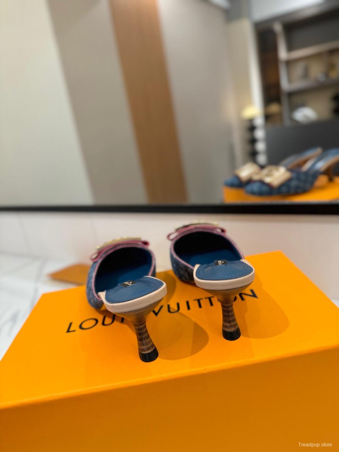 2025 Women Louis Vuitton Blue Denim Leather Mule Hardware KFY00320