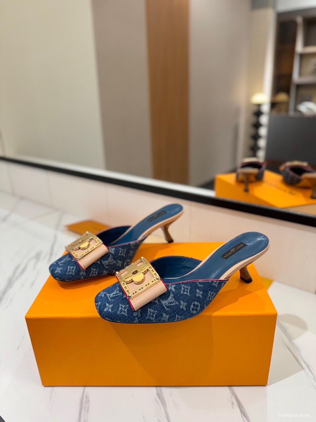 2025 Women Louis Vuitton Blue Denim Leather Mule Hardware KFY00320