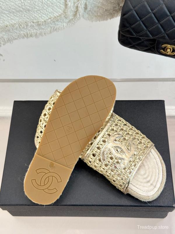 2025 Women Chanel Beige Custom Material Rope Sole Slippers Big CC Hollow Weave KFY00240