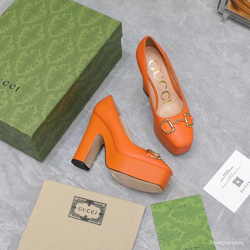 2025 Women Gucci Orange Leather Platform Pumps KFY00320