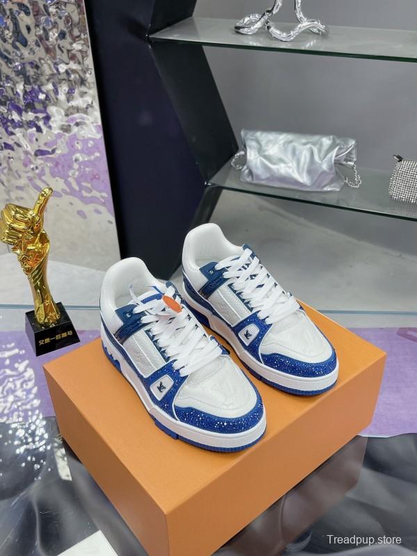 2025 Unisex Louis Vuitton Blue White Leather Plimsolls Handcrafted Beaded AS00400