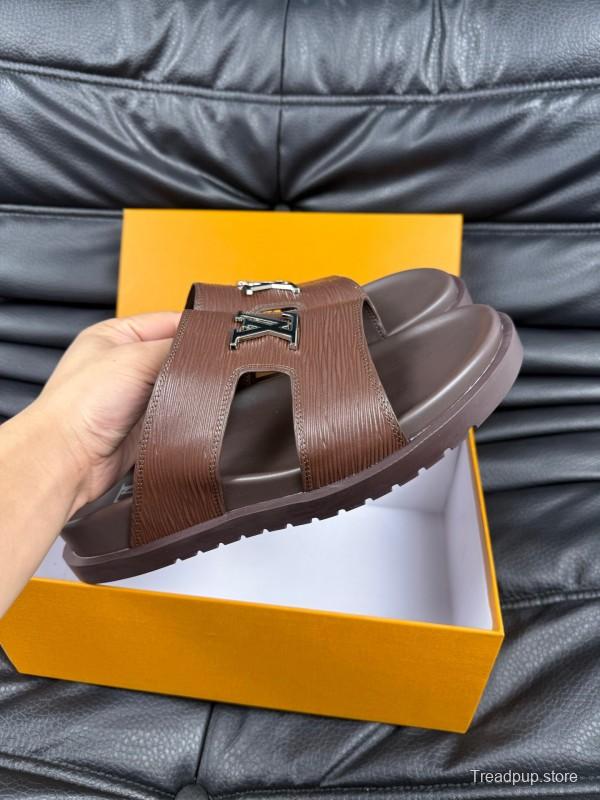 2025 Men Louis Vuitton Brown Leather Slippers AS00170