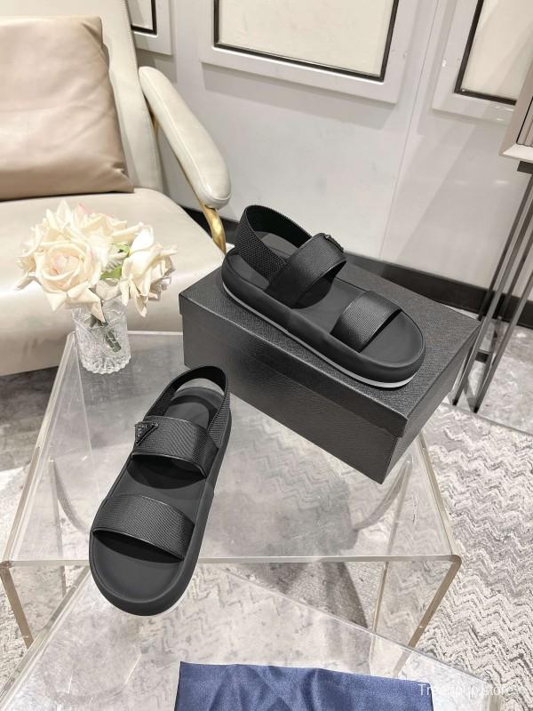 2025 Men Prada Black Leather Sandals KFY00220