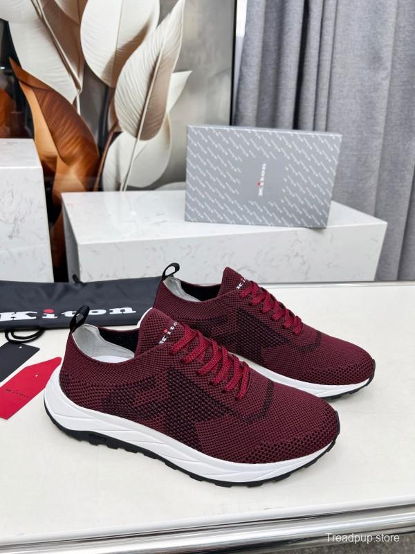 2025 Unisex Kiton Burgundy Knit Casual Sneakers Lightweight Rubber Sole AS00320