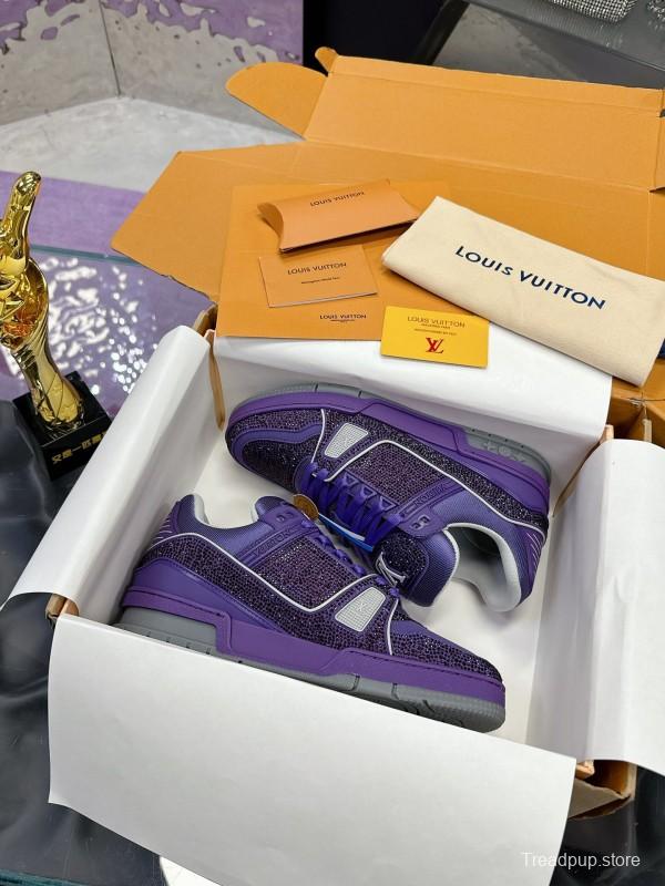 2025 Women Louis Vuitton Purple Blue Leather Plimsolls Handcrafted Rhinestone AS00400
