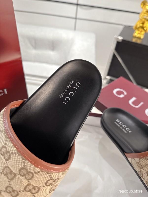 2025 Unisex Gucci Beige Brown Canvas Leather Slippers GG Embossed AS00240
