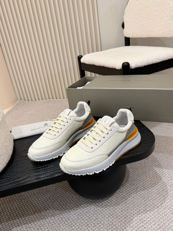 2025 Men Brunello Cucinelli Black Ivory Blue Almond Calfskin Leather Sneakers AS00320