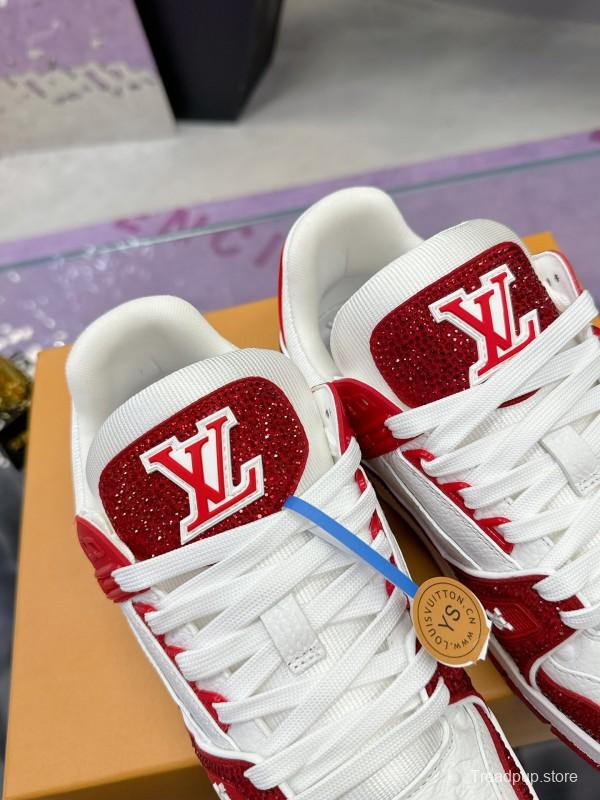 2025 Unisex Louis Vuitton Red White Leather Fabric Plimsolls Handmade Rhinestone AS00400