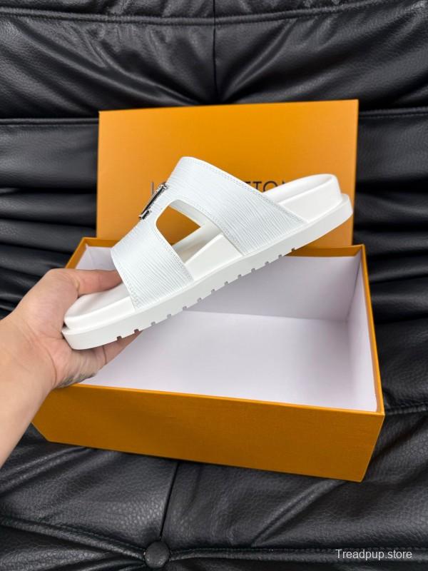 2025 Men Louis Vuitton White Leather Slippers AS00170