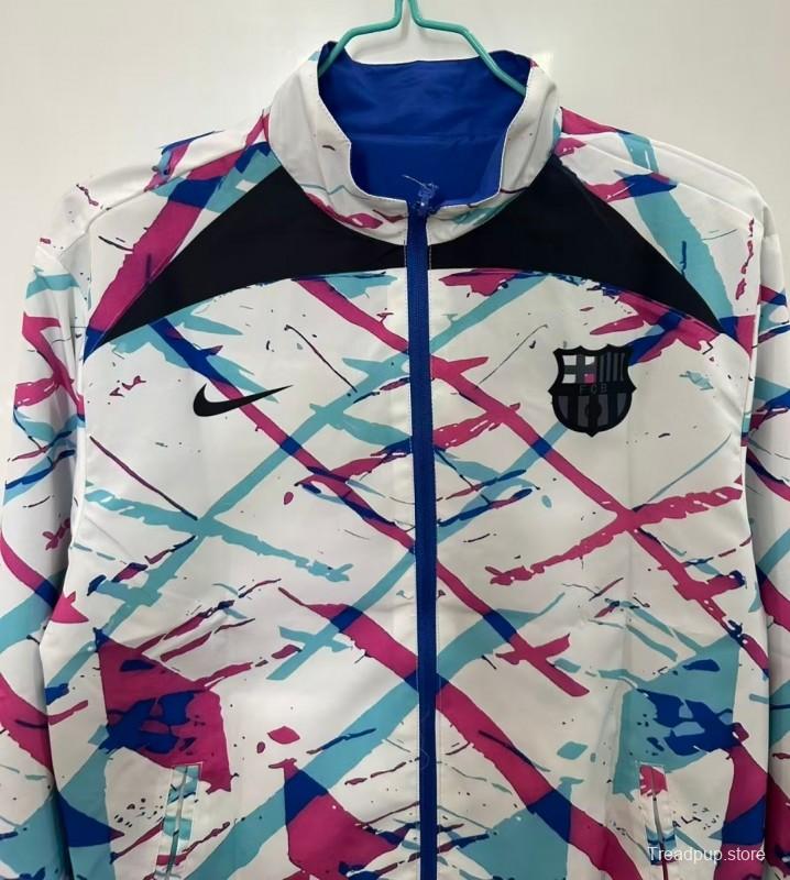 25/26 FC Barcelona White with Pink & Teal Splash Pattern Windbreaker