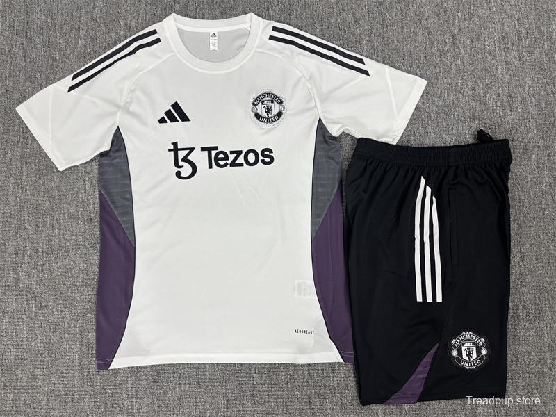 25/26 Kids Manchester United White Purple Short Sleeve+Soccer Shorts