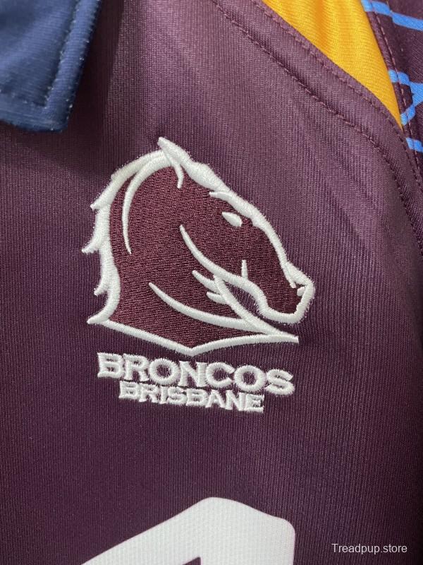 25/26 Brisbane Broncos Maroon with Blue Striped Sleeves and Gold Geometric Jersey