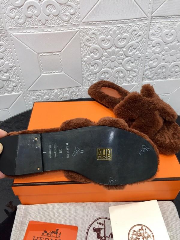 H Teddy Wool H Slippers Flat Sole Winter Fur Slippers - LY00240