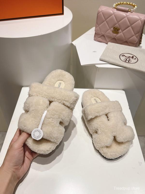 H Love Erjiu Full Wool Slippers with Wavy Fur Design - LY00270