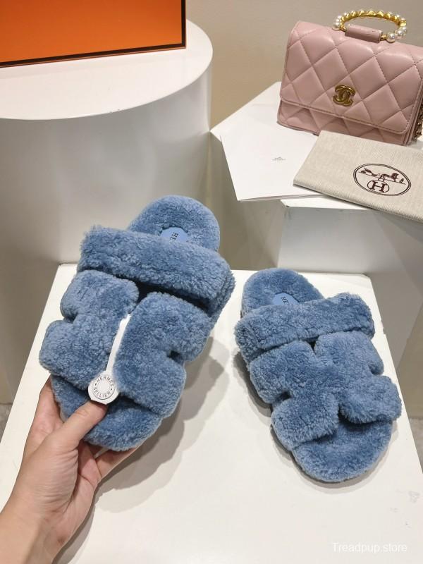H Love Erjiu Full Wool Slippers with Slightly Curled Wool Design - LY00270