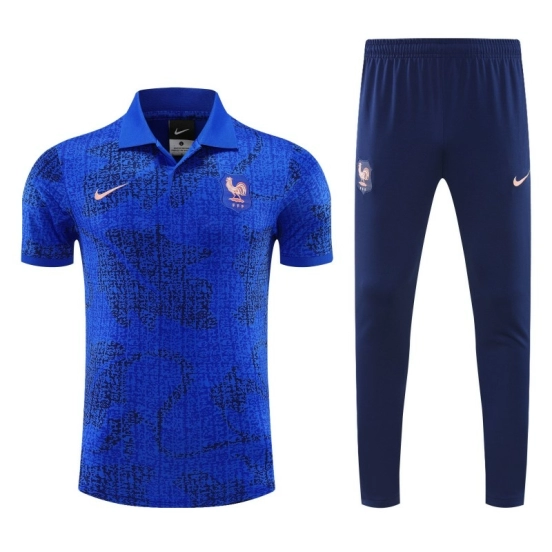26/27  France  Blue Polo Training Shirt + Long Pants Tracksuit