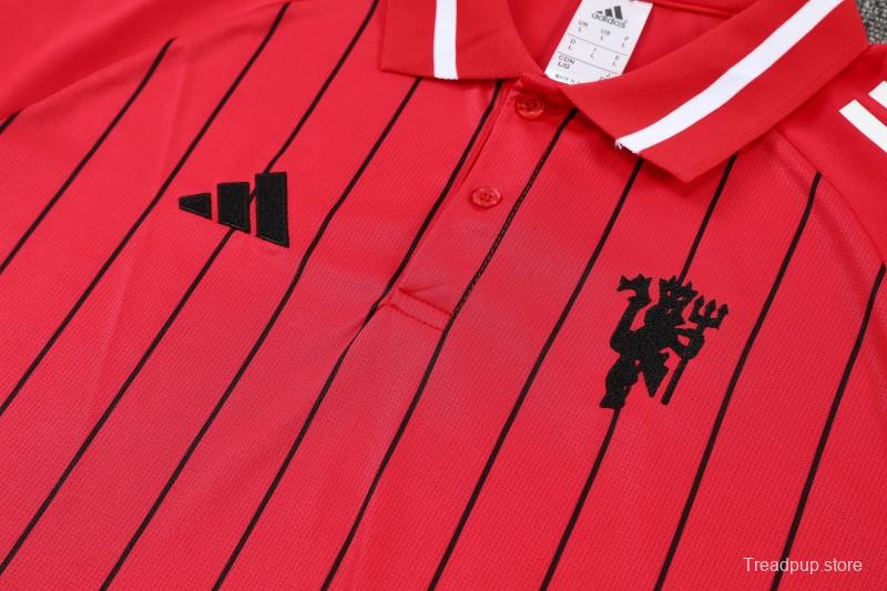 26/27 Manchester United  Red Stripes  Polo Training Shirt + Long Pants Tracksuit
